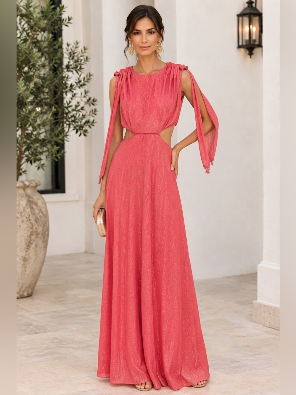SUNDRESS France Elegant Coral Pink with Metallic Gold Cutout Maxi Dress